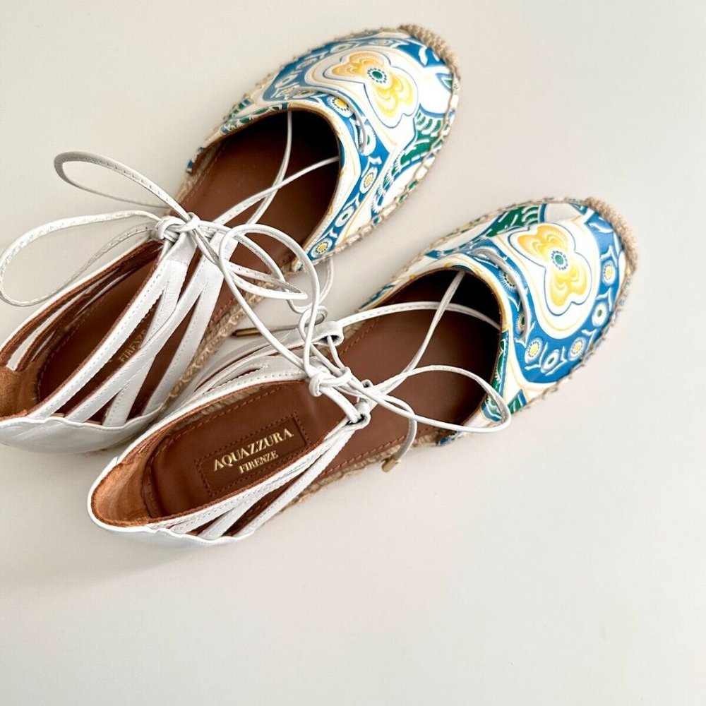 Women's NEW AQUAZZURA White Leather Floral Printed Espadrille Sandals Size US 8